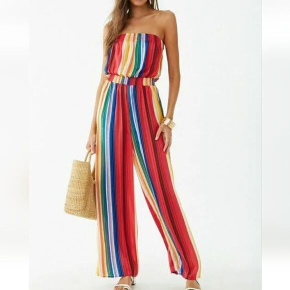 Forever21 Multicolored Stripe Strapless Silk like Jumpsuit Sz Small - Picture 1 of 11